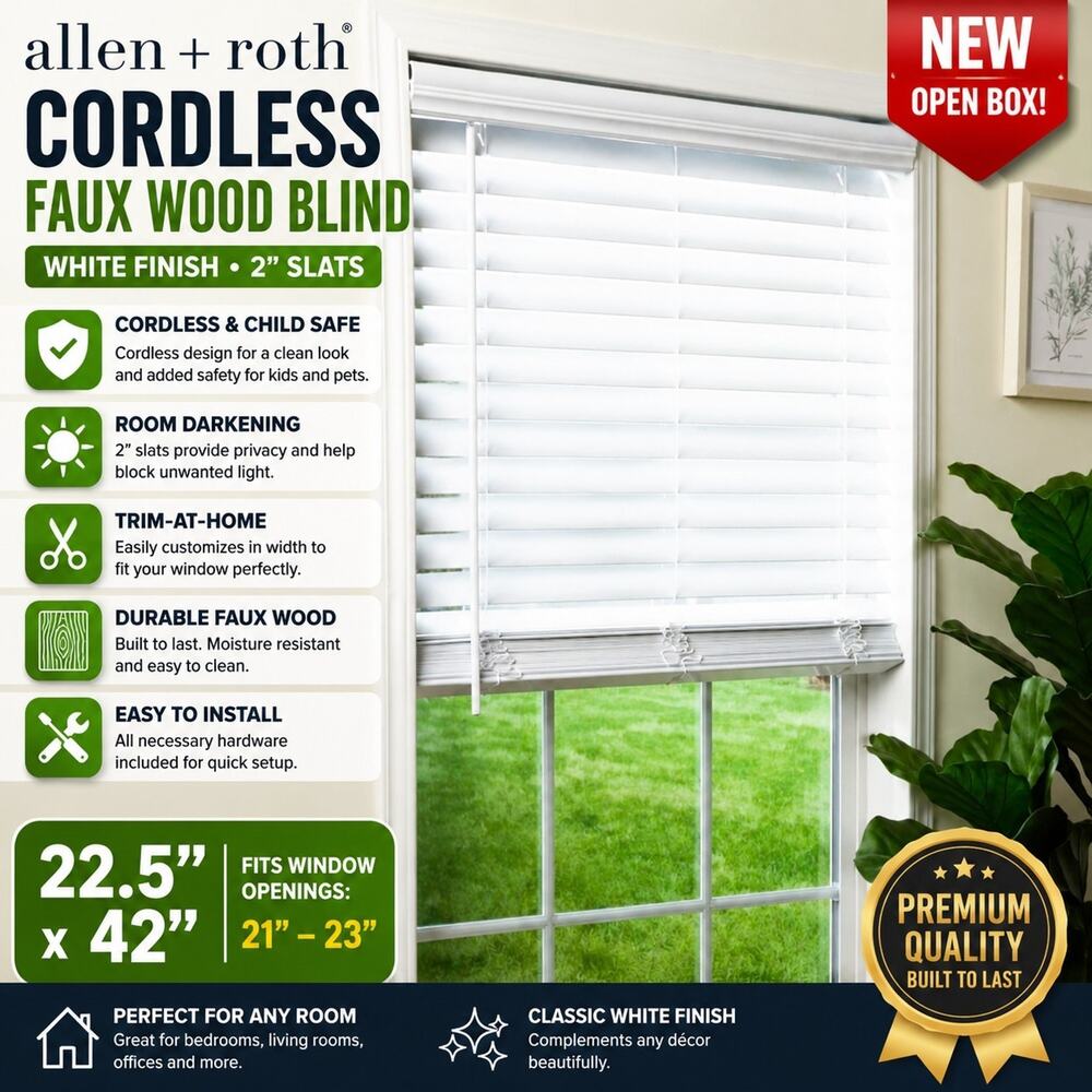 22.5" x 64" Cordless Faux Wood Blinds, 2" Slats, White, Fits 21"-23" Wide Window